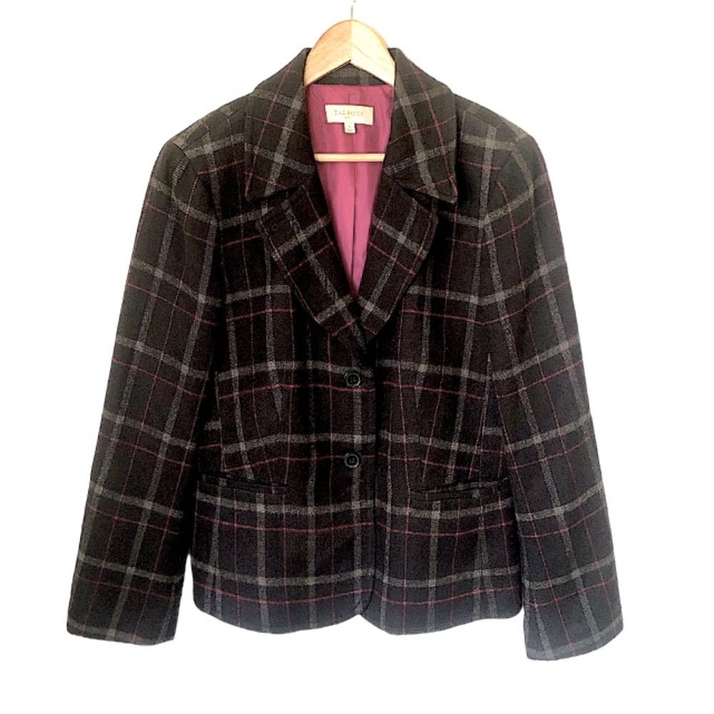 Talbots Plaid Blazer Women’s 16 Wool Academia Office Career Jacket Black Coat